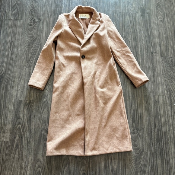 Women's Stitch and Feather Full Length Long Camel Brown Coat - Picture 2 of 9